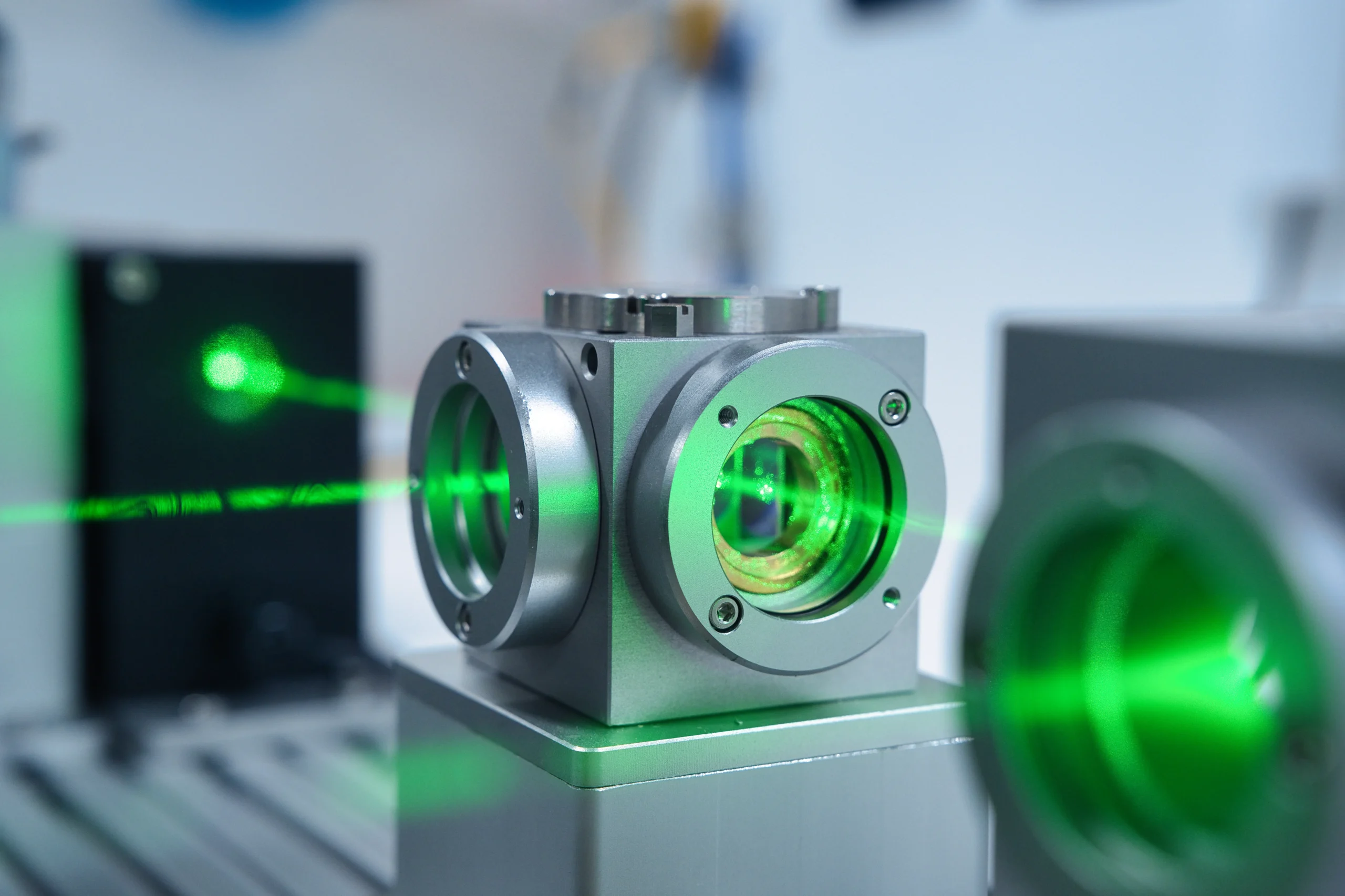 A green laser beam emerges from a black-coated laser lens system that is precisely mounted on an optical bench.]